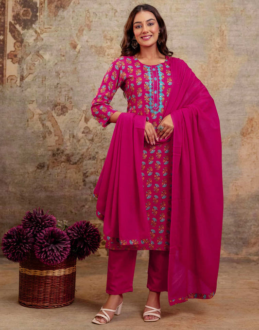 Pink Cotton Printed Straight Kurta Set with Pant & Dupatta for Women Round Neck, Casual & Office Wear Under 1299