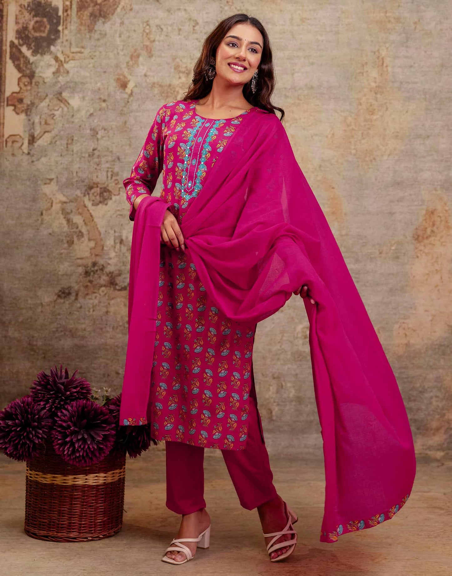 Pink Cotton Printed Straight Kurta Set with Pant & Dupatta for Women Round Neck, Casual & Office Wear Under 1299