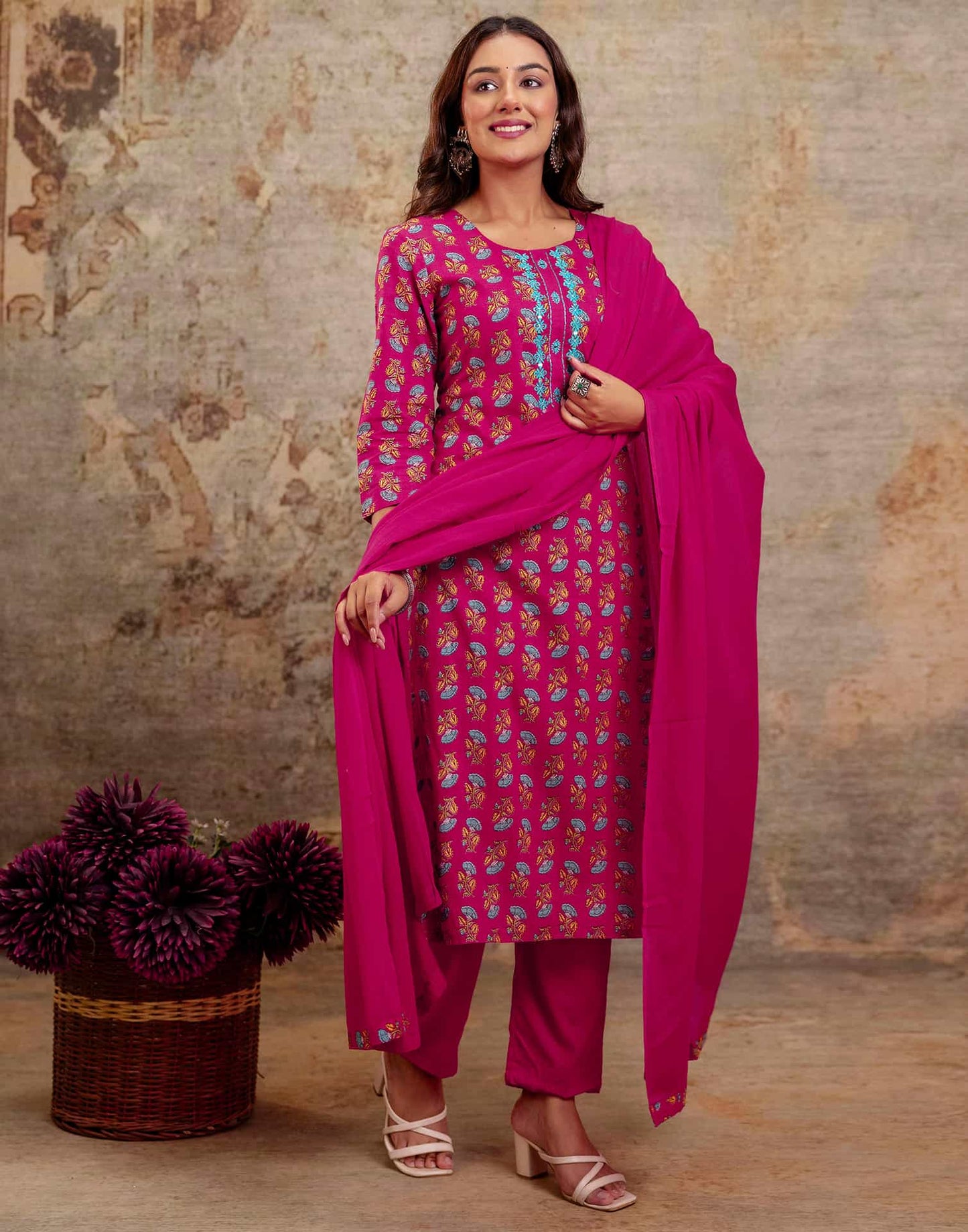 Pink Cotton Printed Straight Kurta Set with Pant & Dupatta for Women Round Neck, Casual & Office Wear Under 1299
