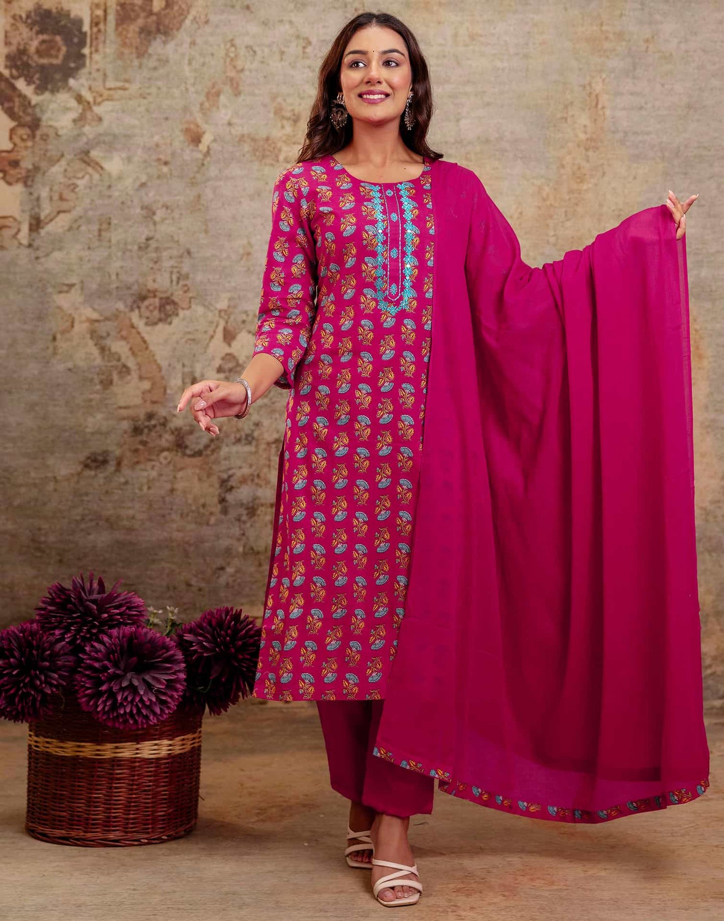 Pink Cotton Printed Straight Kurta Set with Pant & Dupatta for Women Round Neck, Casual & Office Wear Under 1299
