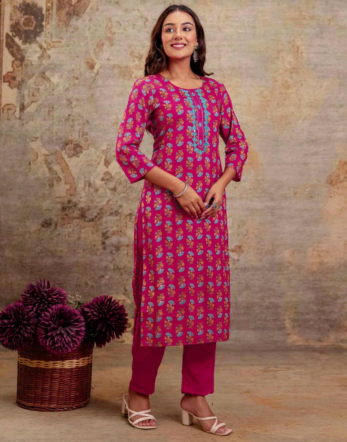 Pink Cotton Printed Straight Kurta Set with Pant & Dupatta for Women Round Neck, Casual & Office Wear Under 1299