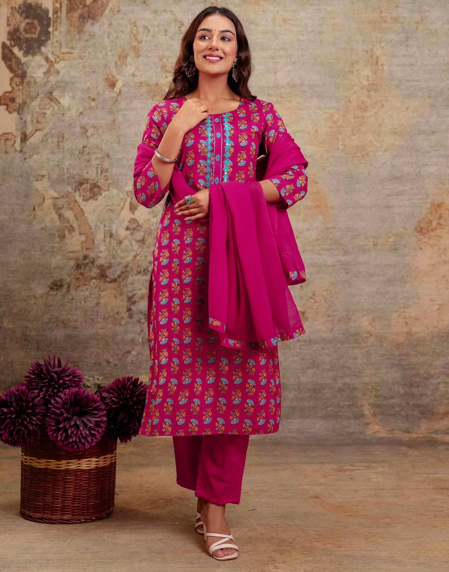 Pink Cotton Printed Straight Kurta Set with Pant & Dupatta for Women Round Neck, Casual & Office Wear Under 1299