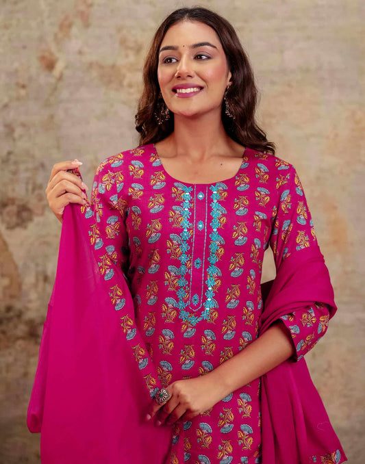 Pink Cotton Printed Straight Kurta Set with Pant & Dupatta for Women Round Neck, Casual & Office Wear Under 1299