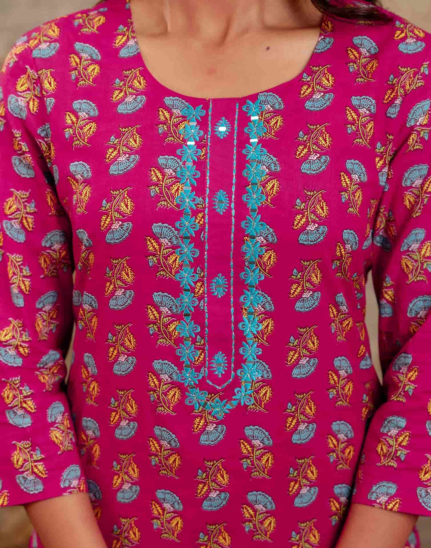 Pink Cotton Printed Straight Kurta Set with Pant & Dupatta for Women Round Neck, Casual & Office Wear Under 1299