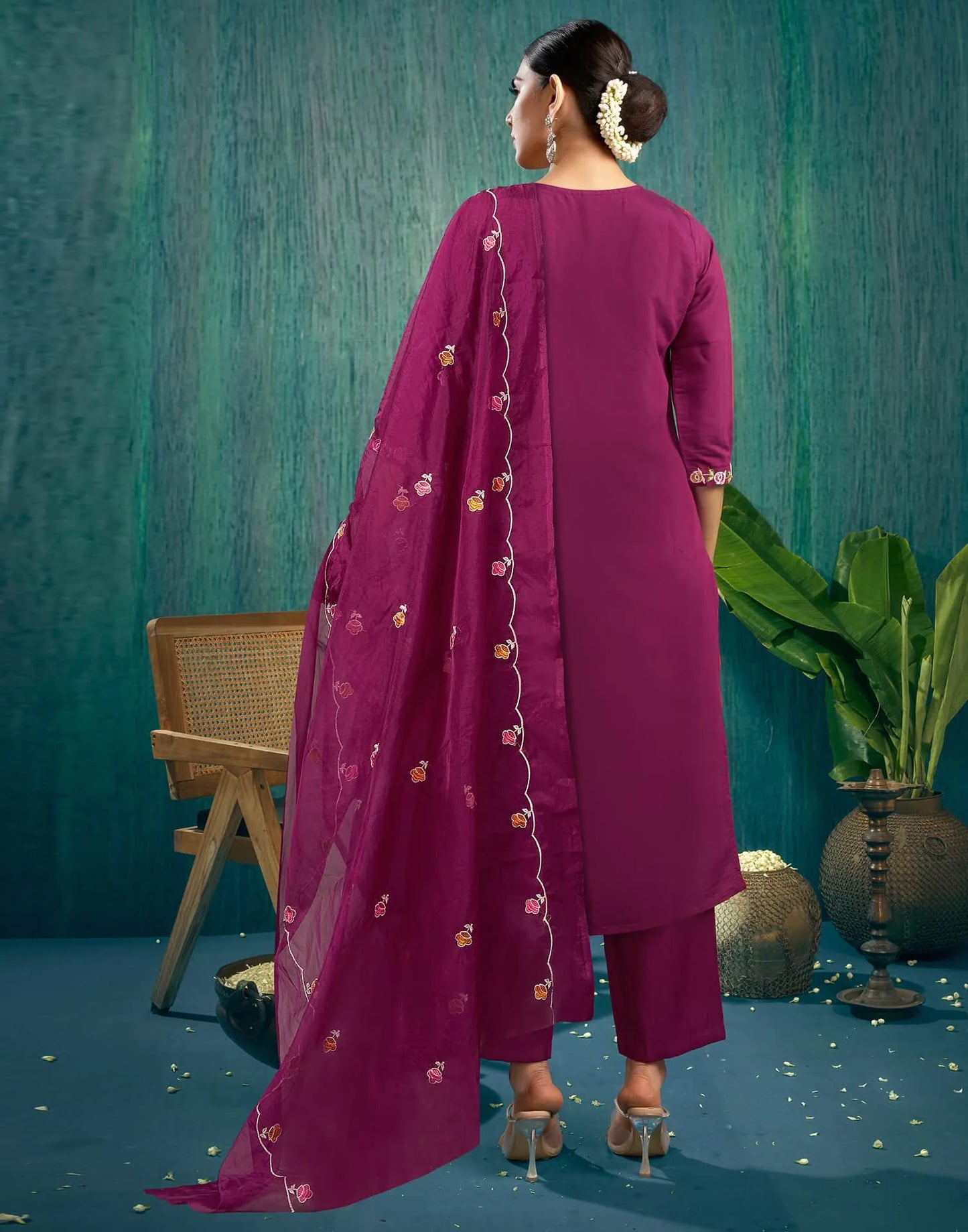 Silk Blend Embroidered Straight Kurta with Pant & Dupatta