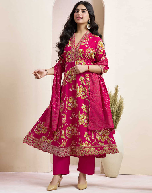 Pink Cotton Printed Anarkali Kurta Set with Pant & Dupatta for Women V-Neck, Casual & Festival Wear Under 1299