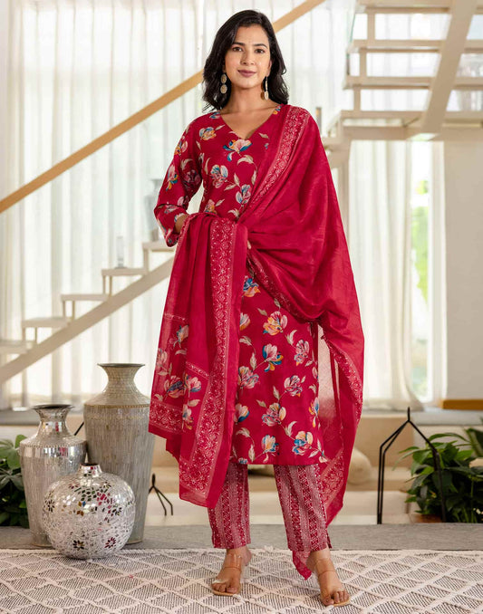 Red Cotton Printed Straight Kurta Set with Pant & Dupatta for Wome Casual & Daily Wear Floral Design Under 799