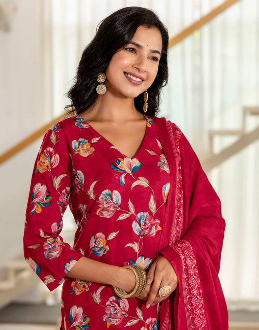 Red Cotton Printed Straight Kurta Set with Pant & Dupatta for Wome Casual & Daily Wear Floral Design Under 799
