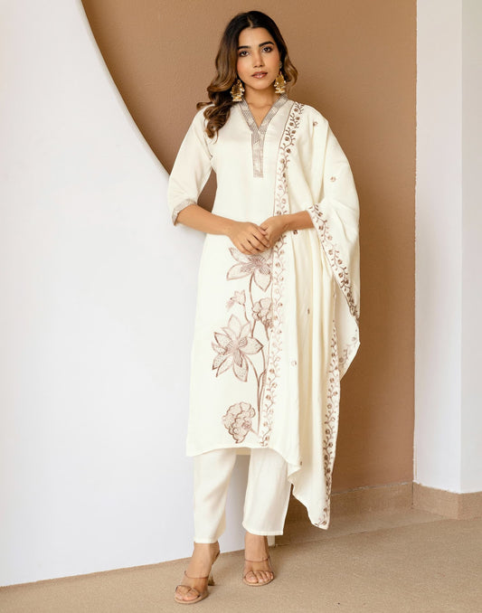 White Silk Embroidered Straight Kurta Set with Pant & Dupatta for Women Casual & Daily Wear under 1299