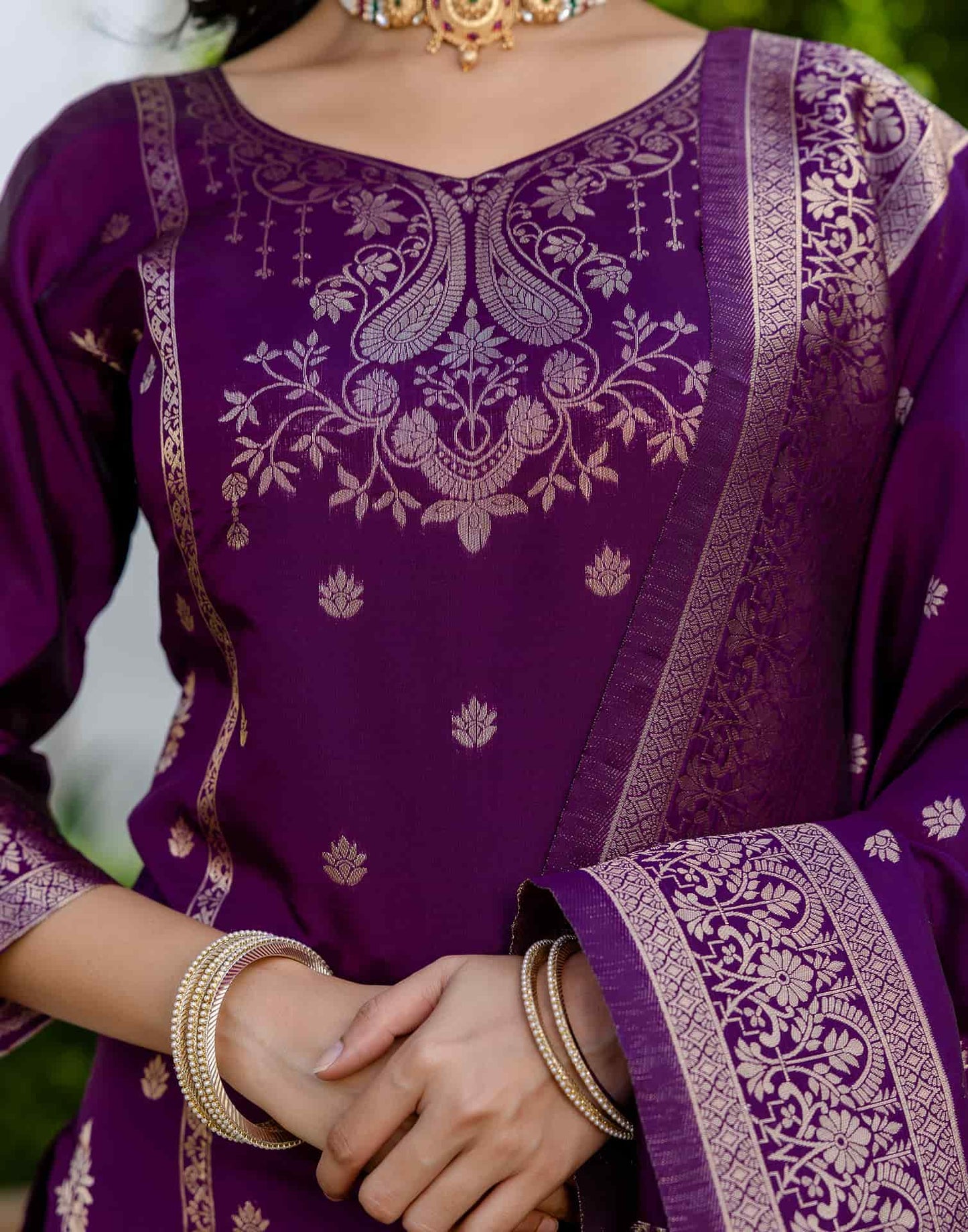 Purple Silk Woven Straight Kurta Set with Pant & Dupatta under 1000
