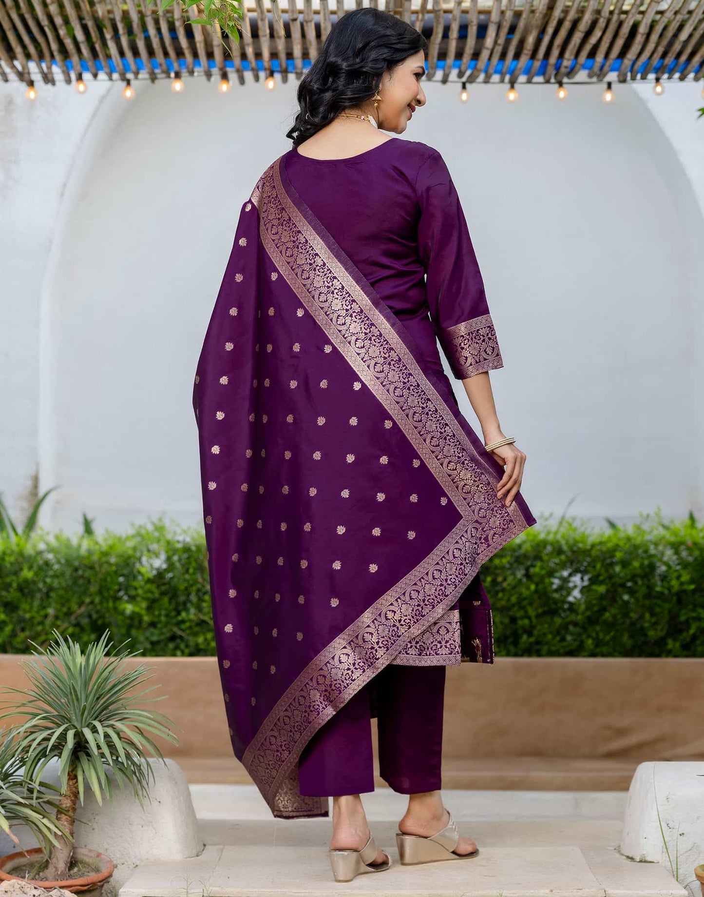 Purple Silk Woven Straight Kurta Set with Pant & Dupatta under 1000
