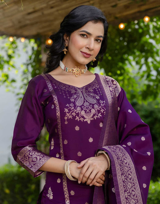 Purple Silk Woven Straight Kurta Set with Pant & Dupatta under 1000