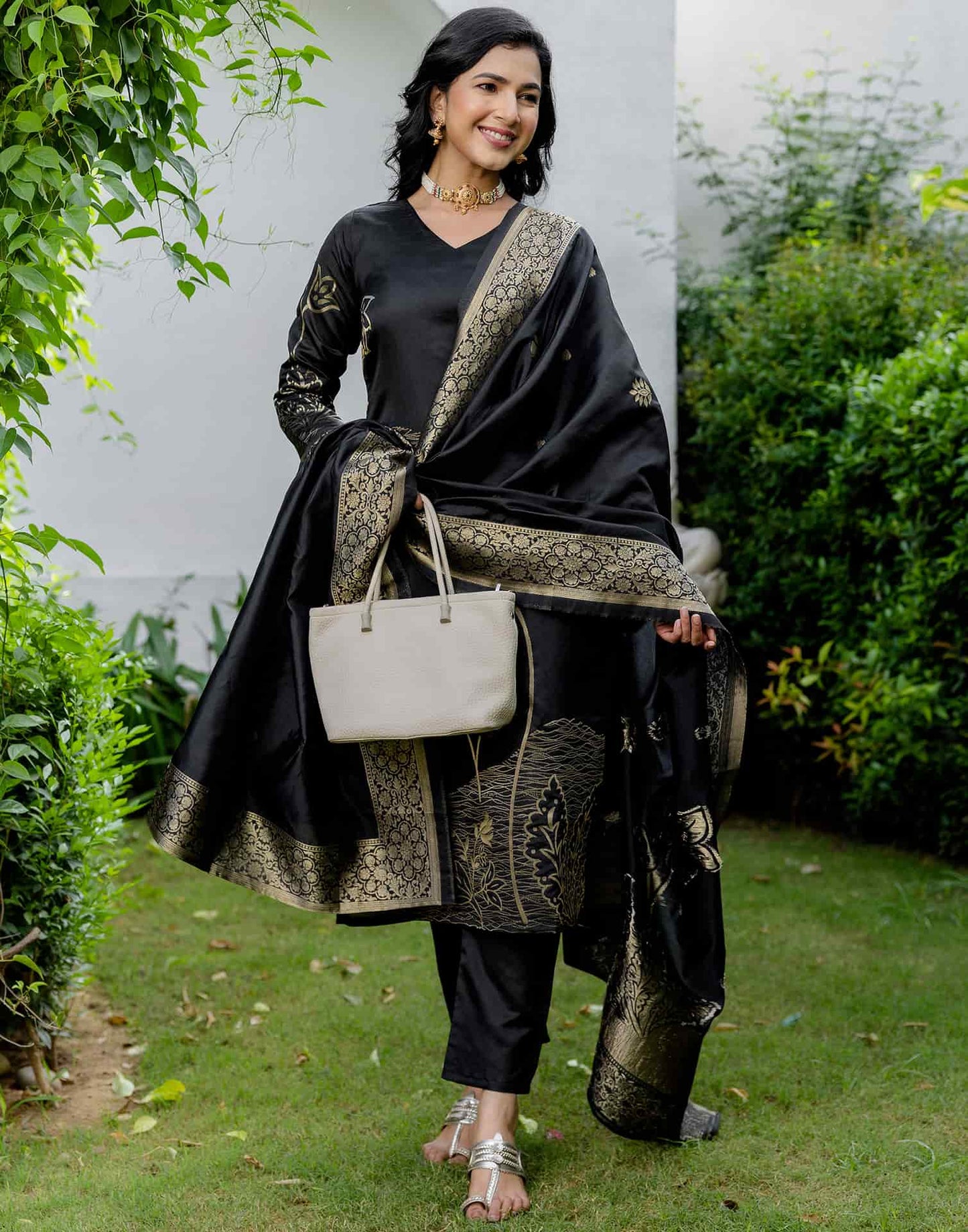Black Silk Woven Straight Kurta Set with Pant & Dupatta under 999