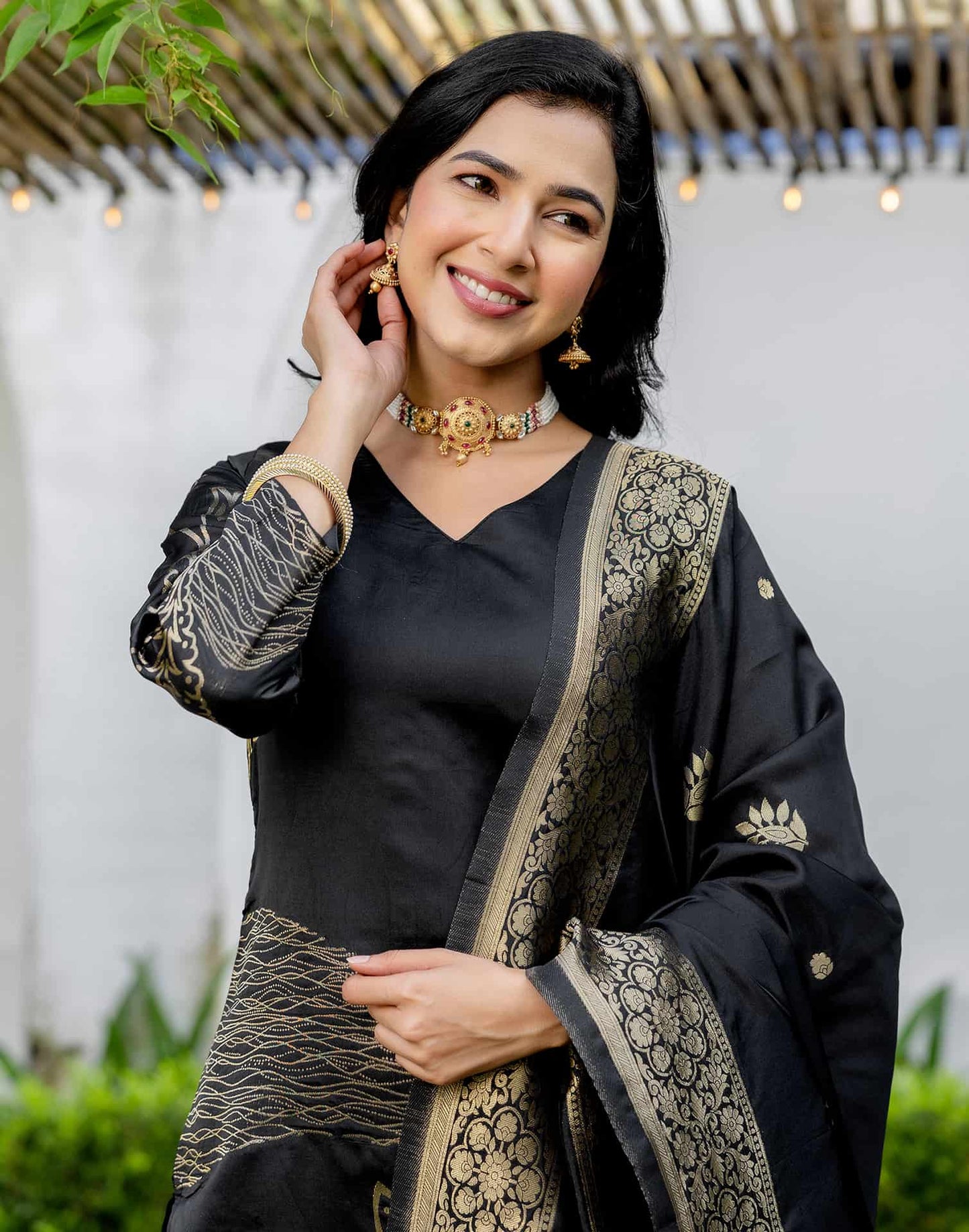 Black Silk Woven Straight Kurta Set with Pant & Dupatta under 999
