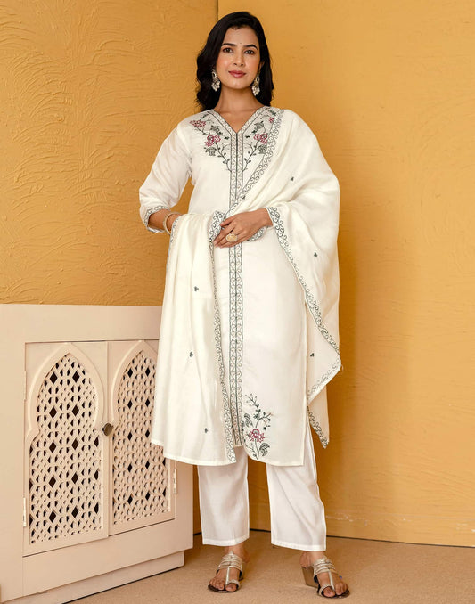 Silk Blend Embroidered Straight Kurta with Pant & Dupatta