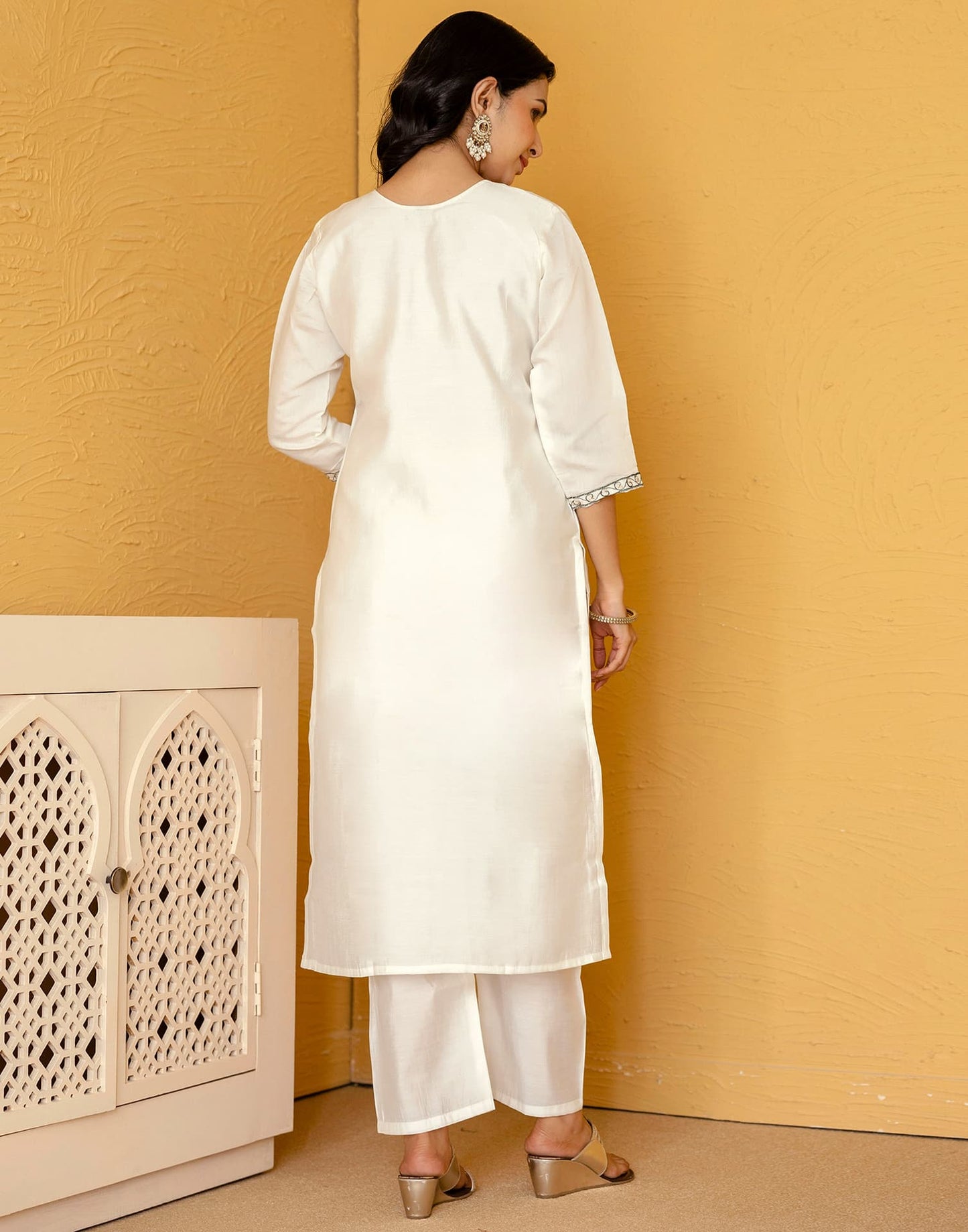 Silk Blend Embroidered Straight Kurta with Pant & Dupatta