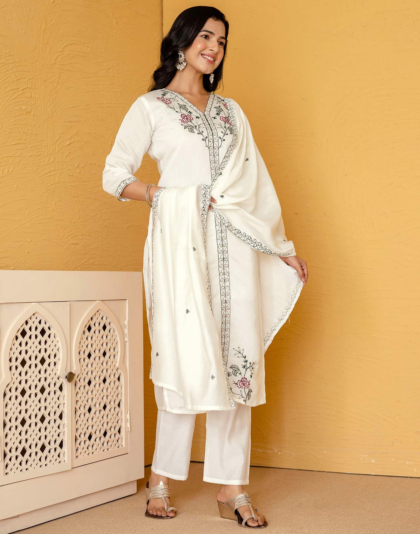 Silk Blend Embroidered Straight Kurta with Pant & Dupatta