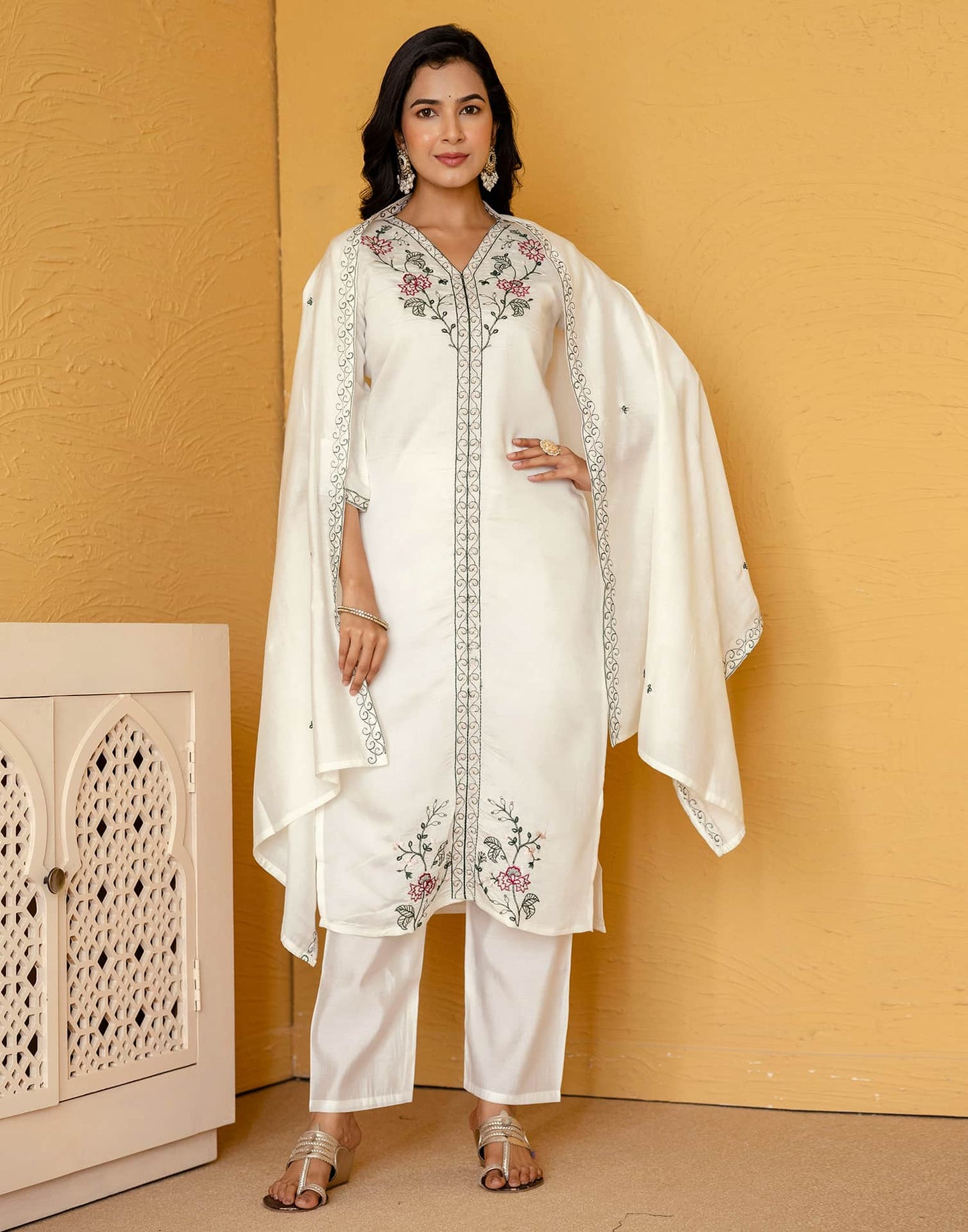 Silk Blend Embroidered Straight Kurta with Pant & Dupatta