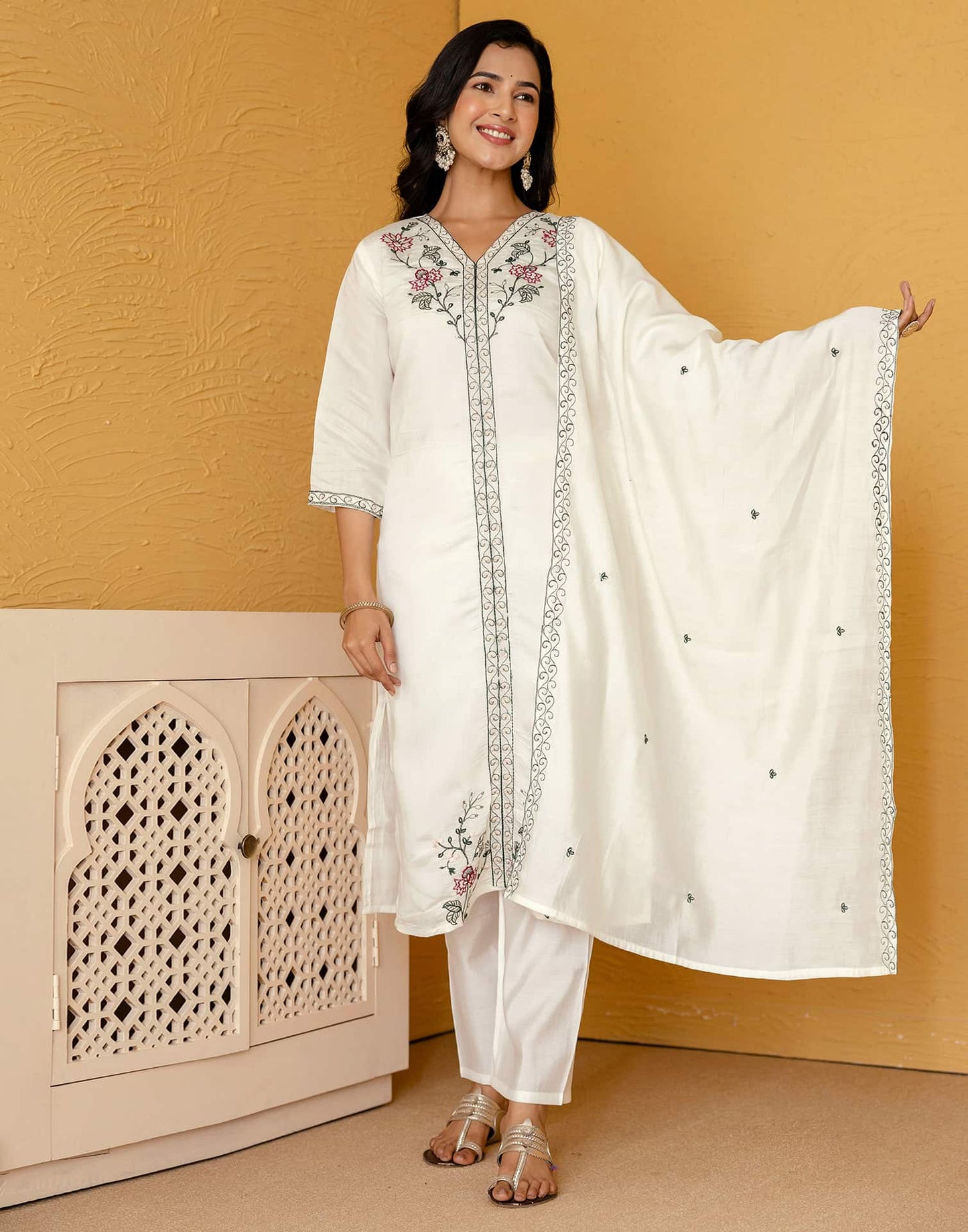 Silk Blend Embroidered Straight Kurta with Pant & Dupatta