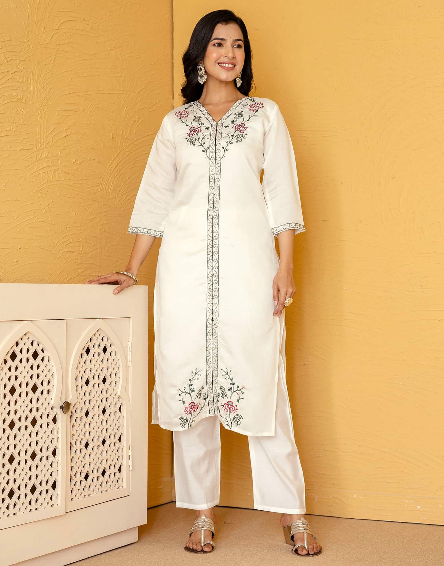 Silk Blend Embroidered Straight Kurta with Pant & Dupatta