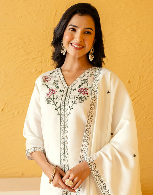Silk Blend Embroidered Straight Kurta with Pant & Dupatta