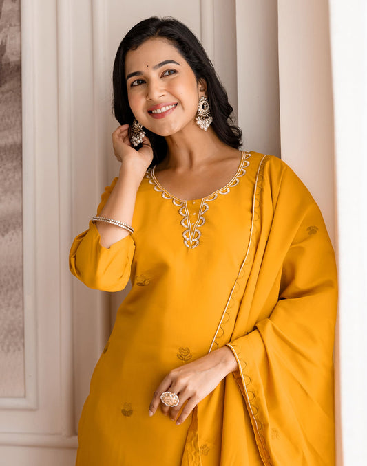 Silk Blend Embroidered Straight Kurta with Pant & Dupatta