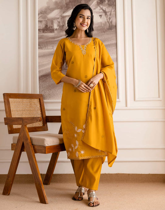 Silk Blend Embroidered Straight Kurta with Pant & Dupatta