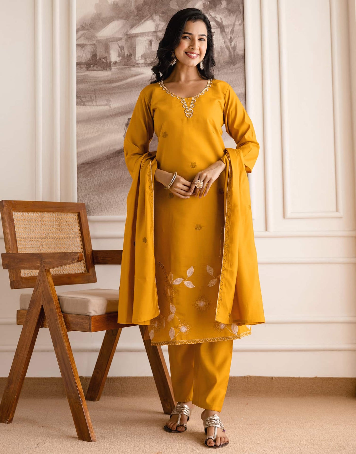 Silk Blend Embroidered Straight Kurta with Pant & Dupatta
