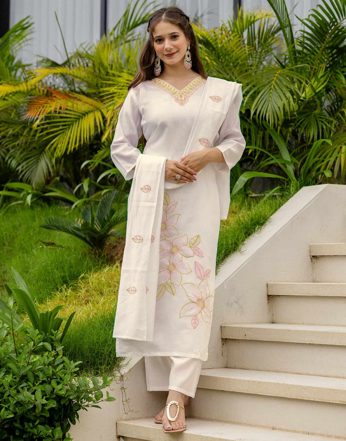 Silk Blend Embroidered Straight Kurta with Pant & Dupatta