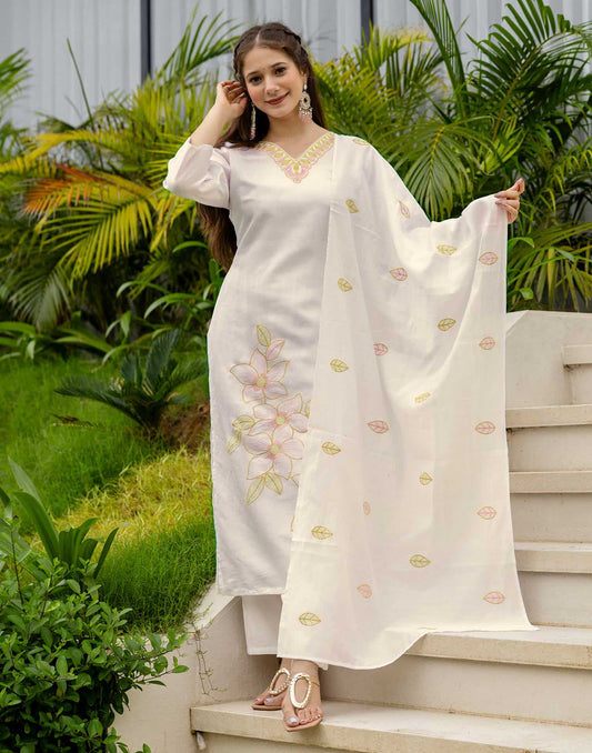 Silk Blend Embroidered Straight Kurta with Pant & Dupatta