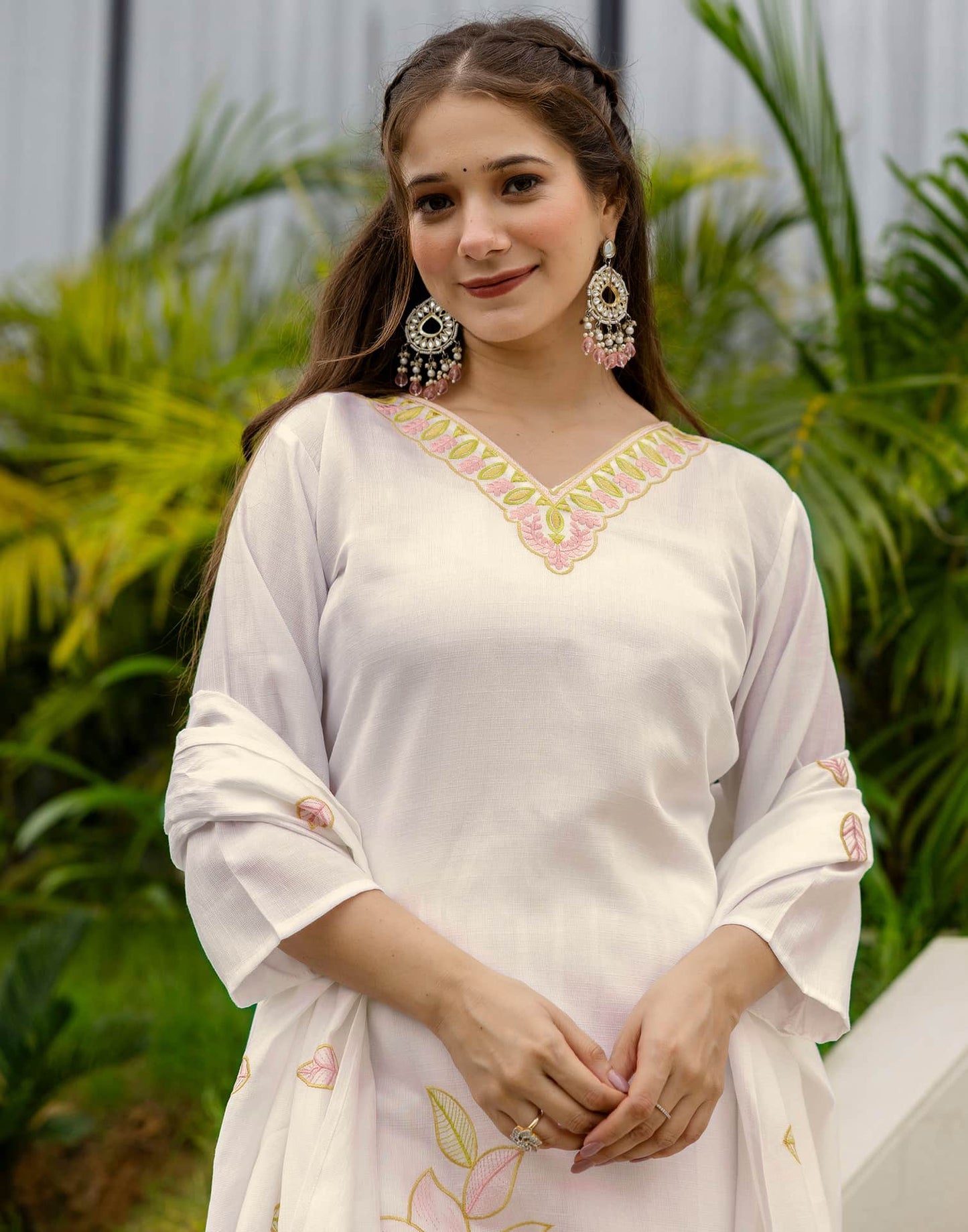 Silk Blend Embroidered Straight Kurta with Pant & Dupatta
