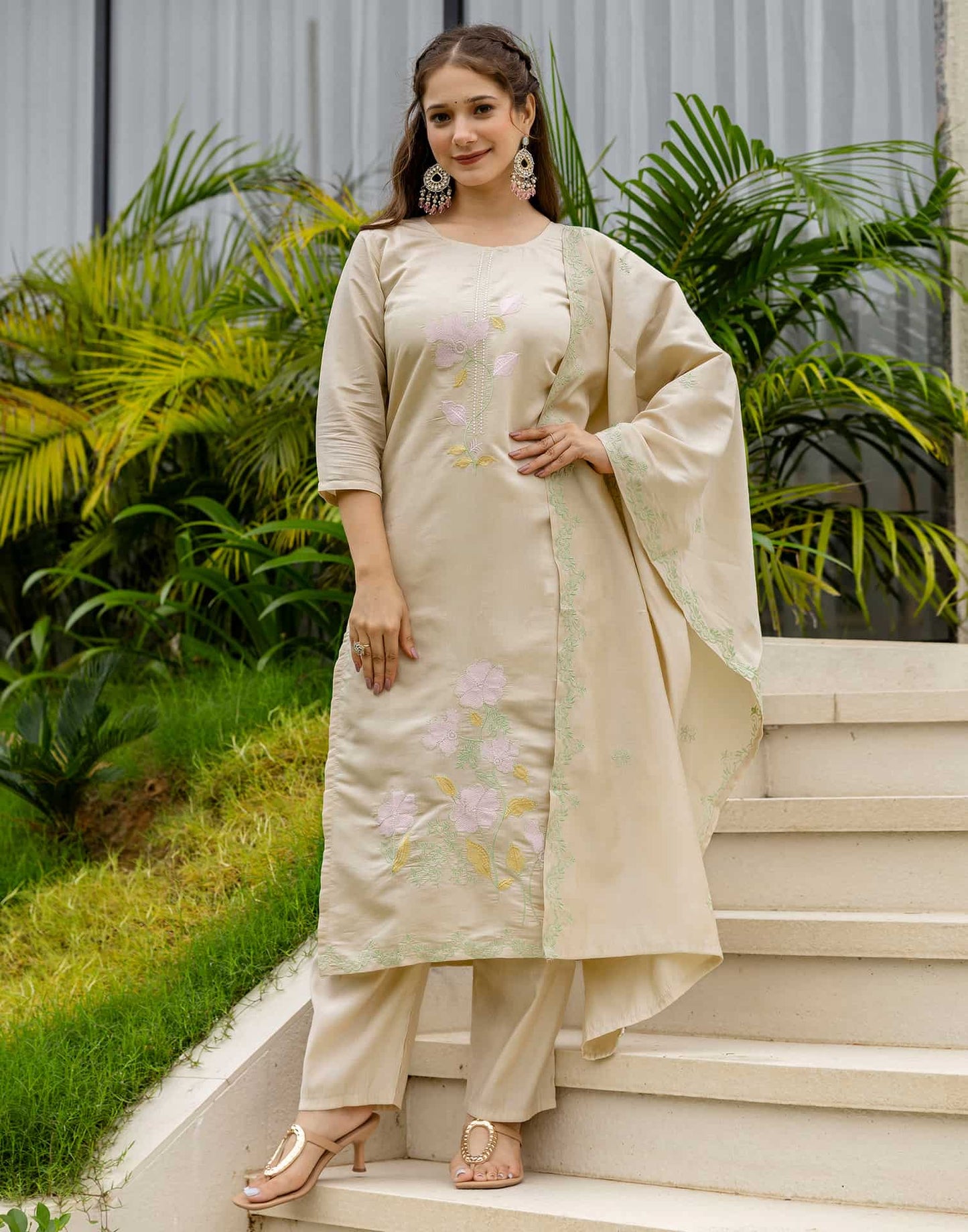 Silk Blend Embroidered Straight Kurta with Pant & Dupatta