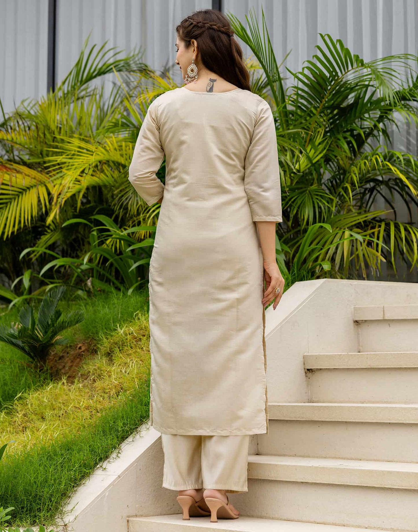 Silk Blend Embroidered Straight Kurta with Pant & Dupatta