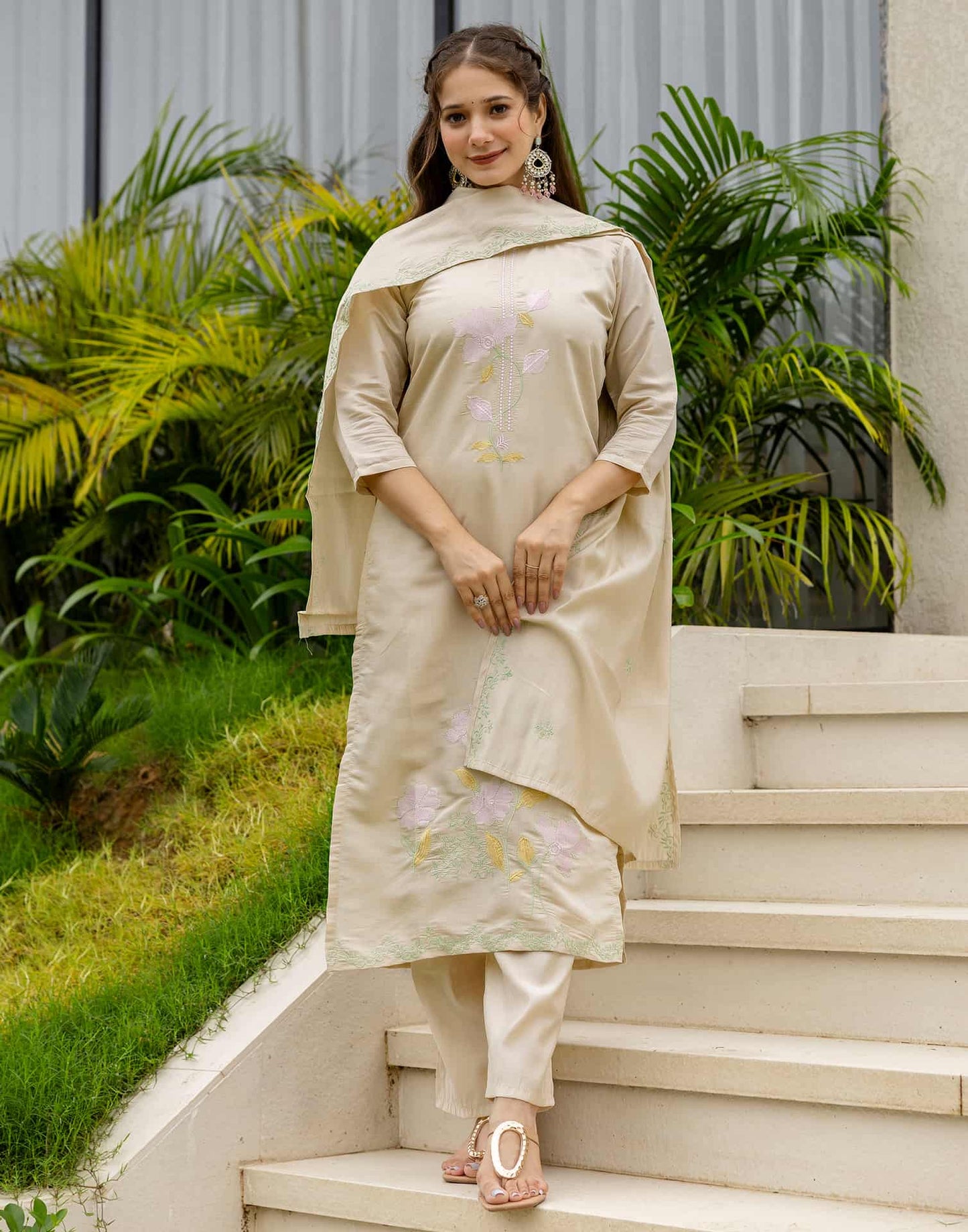 Silk Blend Embroidered Straight Kurta with Pant & Dupatta