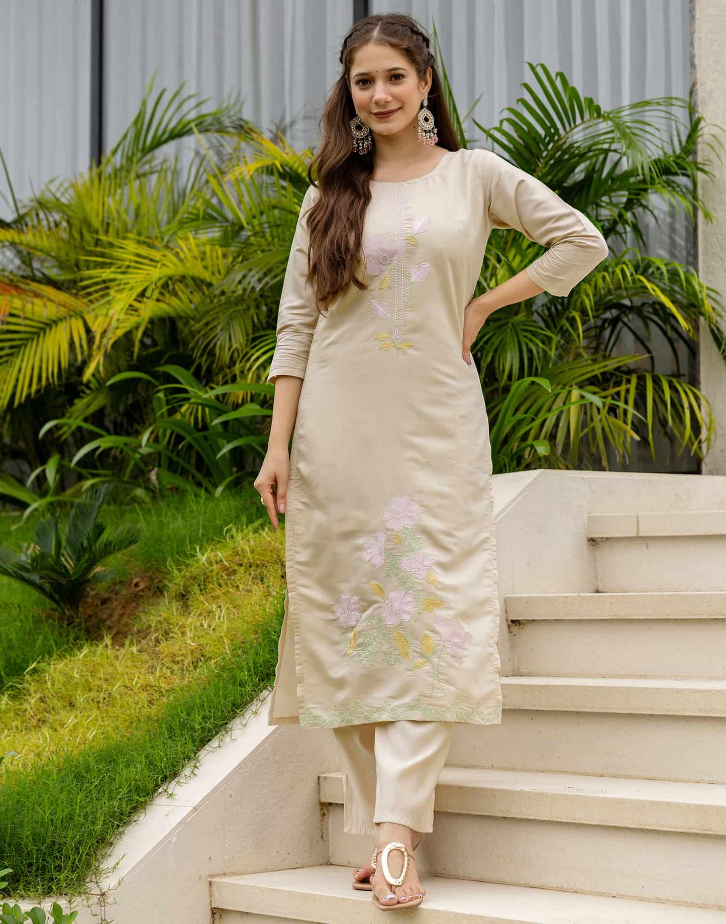 Silk Blend Embroidered Straight Kurta with Pant & Dupatta