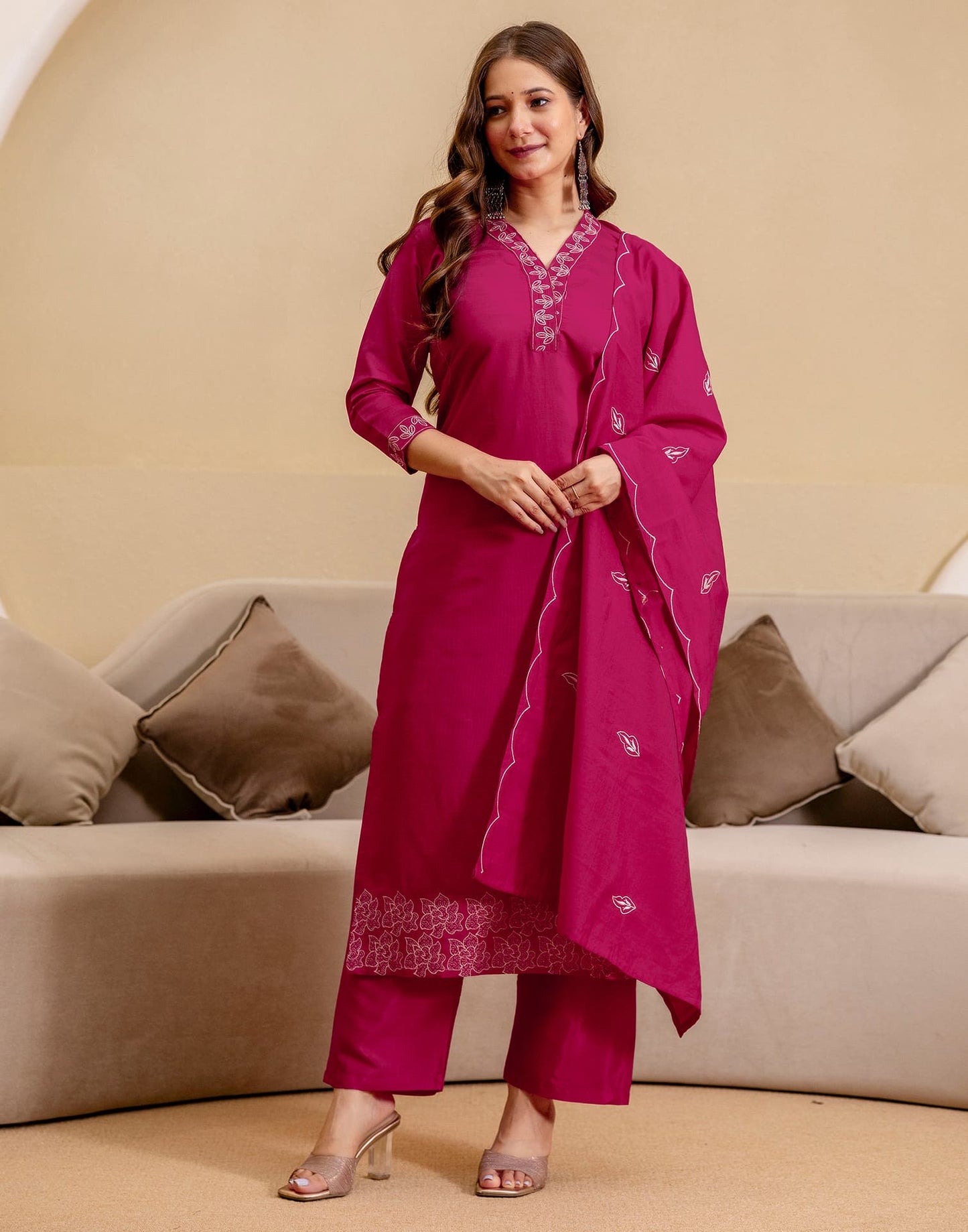 Silk Blend Embroidered Straight Kurta with Pant & Dupatta