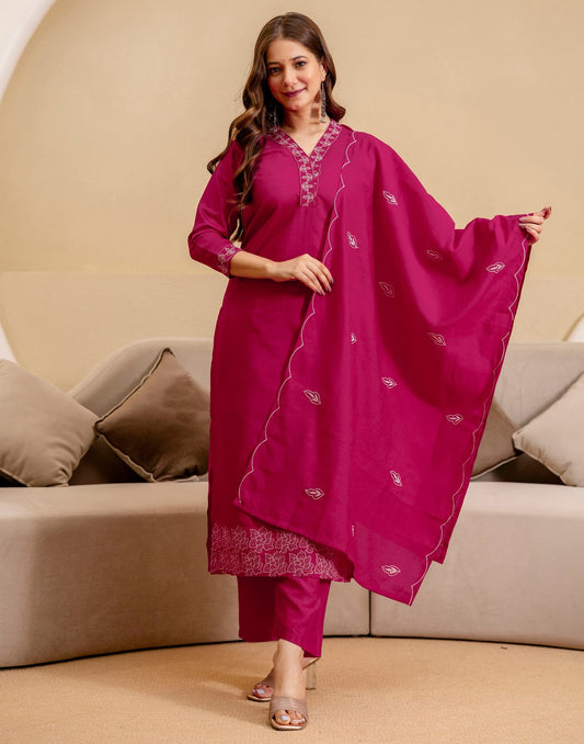 Silk Blend Embroidered Straight Kurta with Pant & Dupatta
