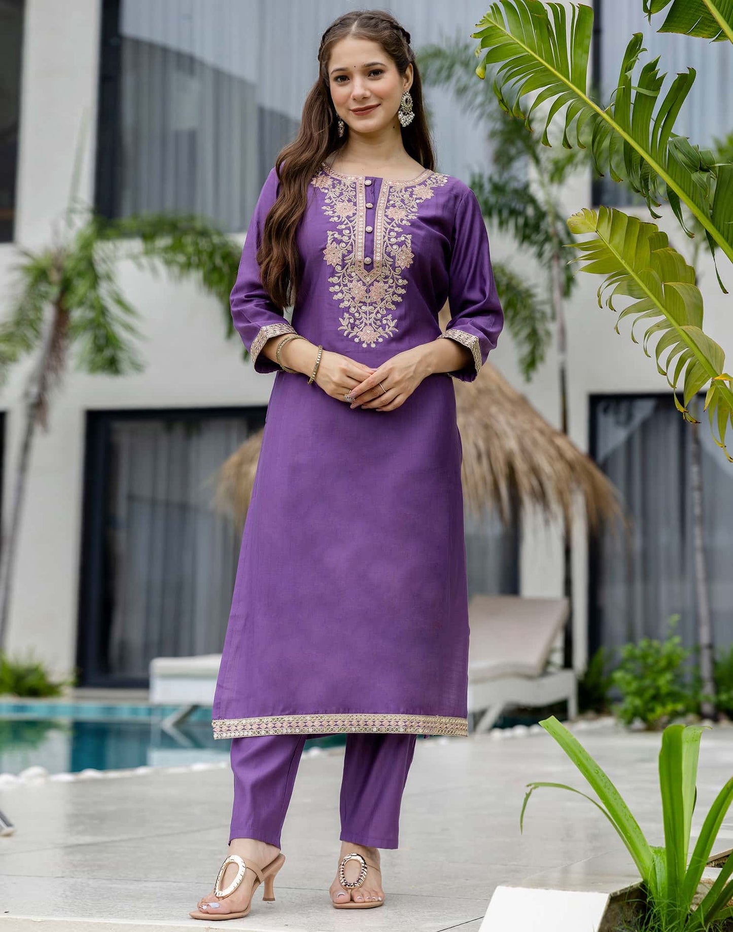 Purple Silk Embroidered Straight Kurta Set with Pant & Dupatta under 1299