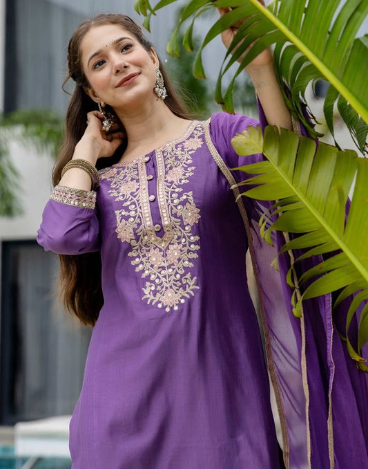 Purple Silk Embroidered Straight Kurta Set with Pant & Dupatta under 1299