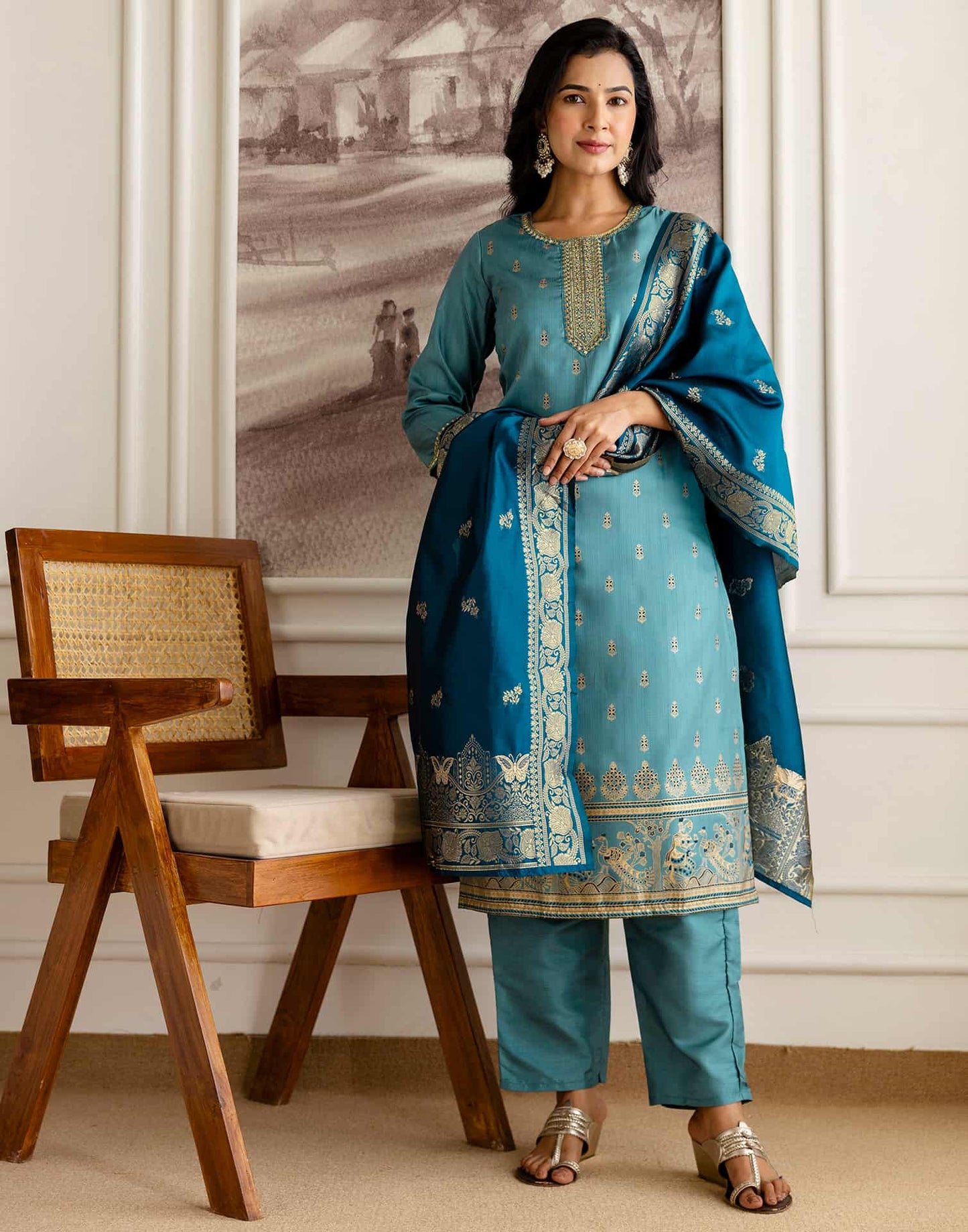 Blue Silk Embroidered Straight Kurta Set with Pant & Dupatt under 1299