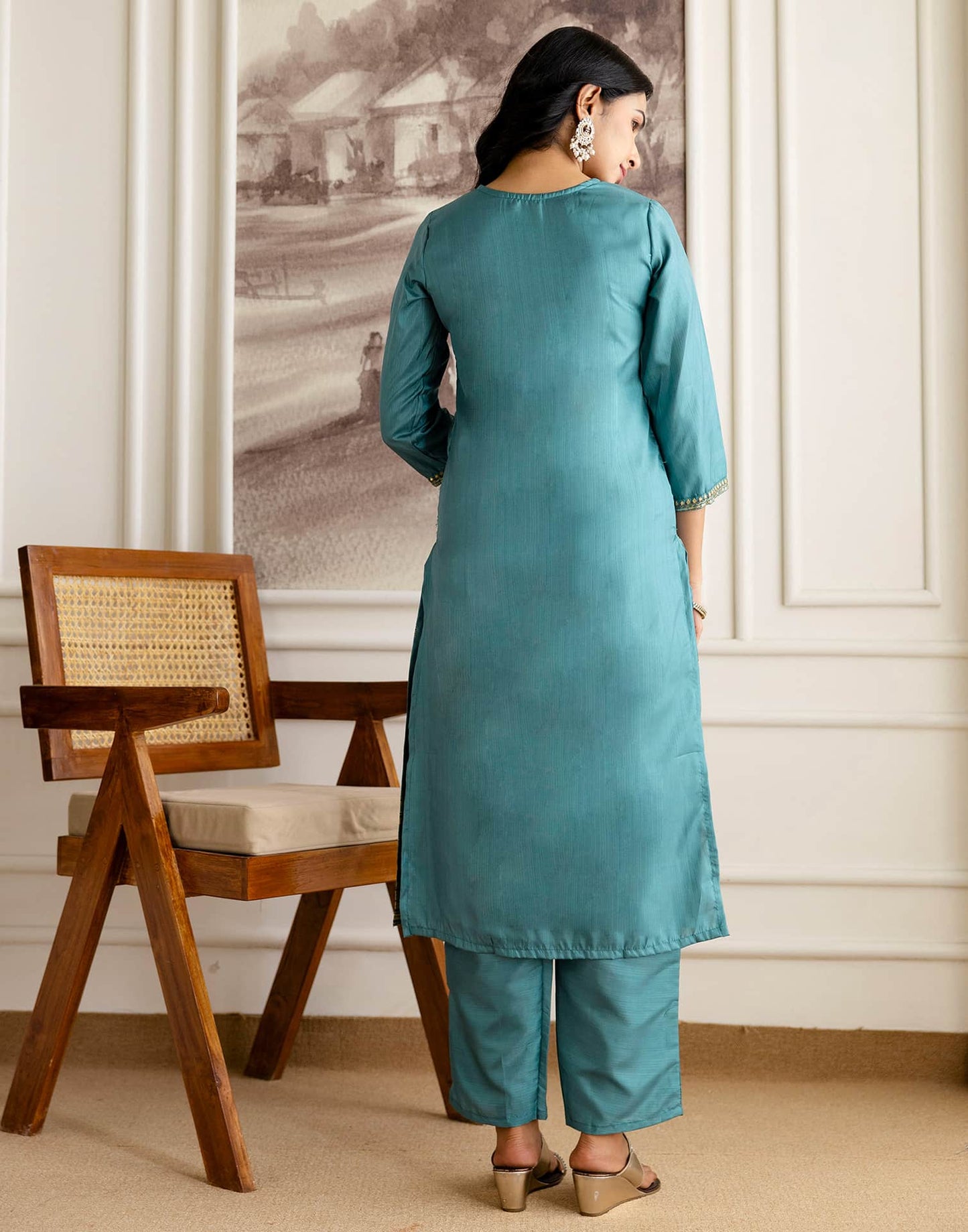Blue Silk Embroidered Straight Kurta Set with Pant & Dupatt under 1299