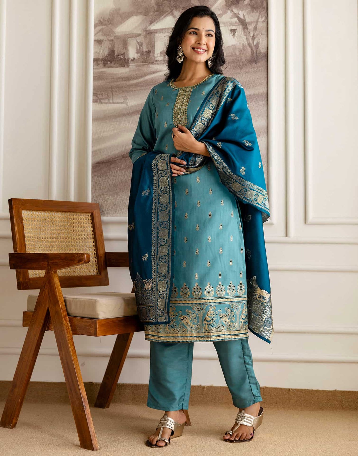Blue Silk Embroidered Straight Kurta Set with Pant & Dupatt under 1299