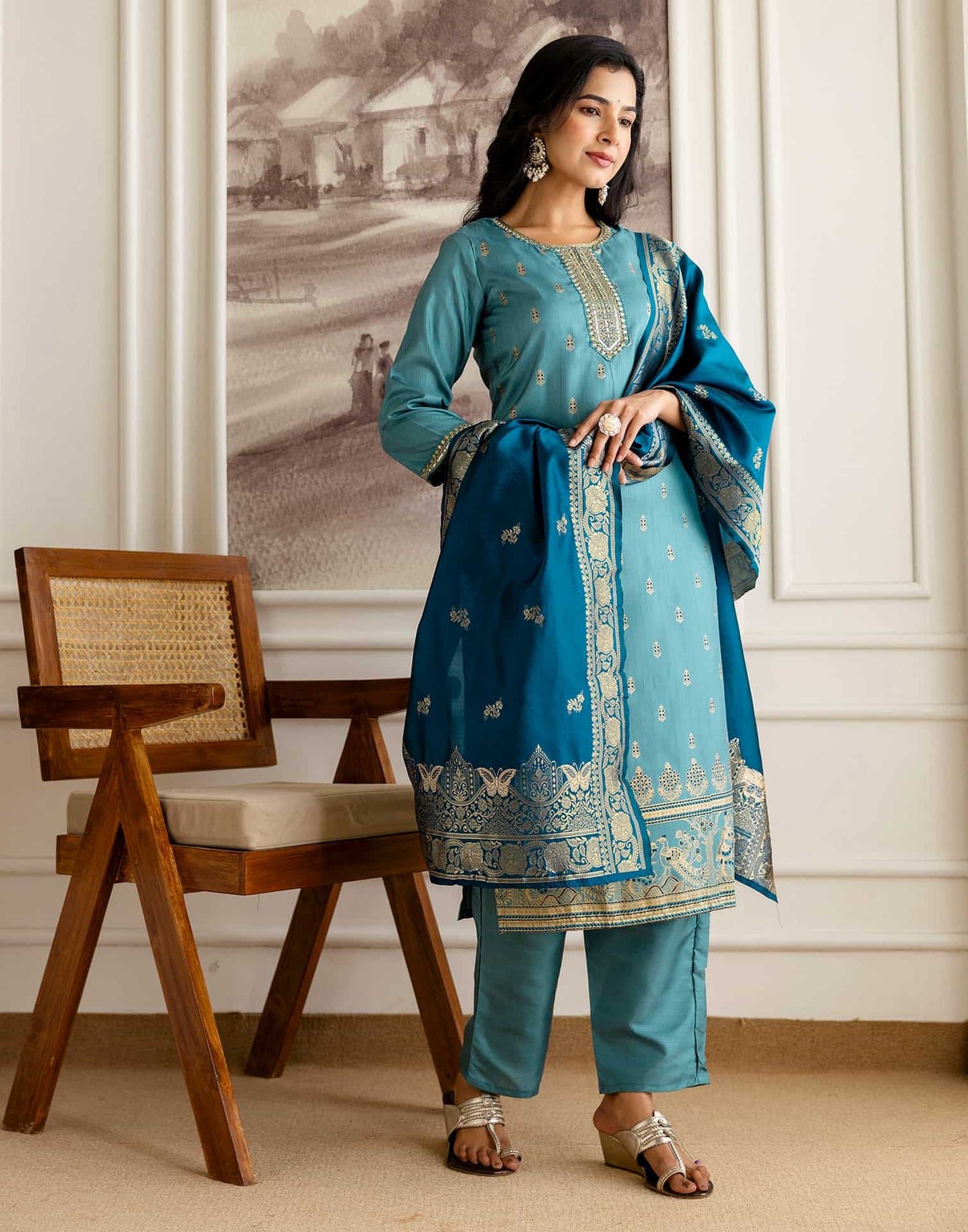 Blue Silk Embroidered Straight Kurta Set with Pant & Dupatt under 1299