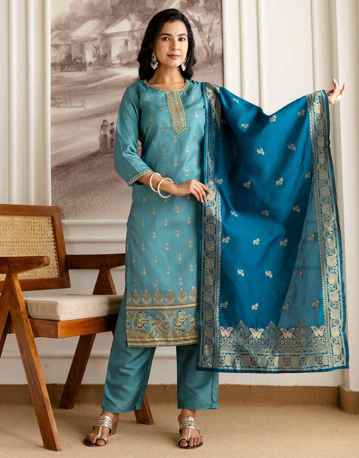 Blue Silk Embroidered Straight Kurta Set with Pant & Dupatt under 1299