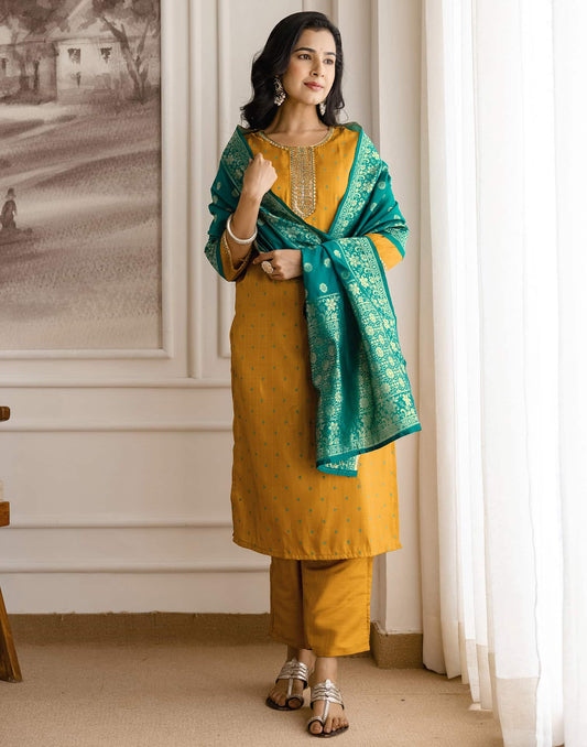 Yellow Silk Embroidered Straight Kurta Set with Pant & Dupatta. is perfect for weddings, festive occasions