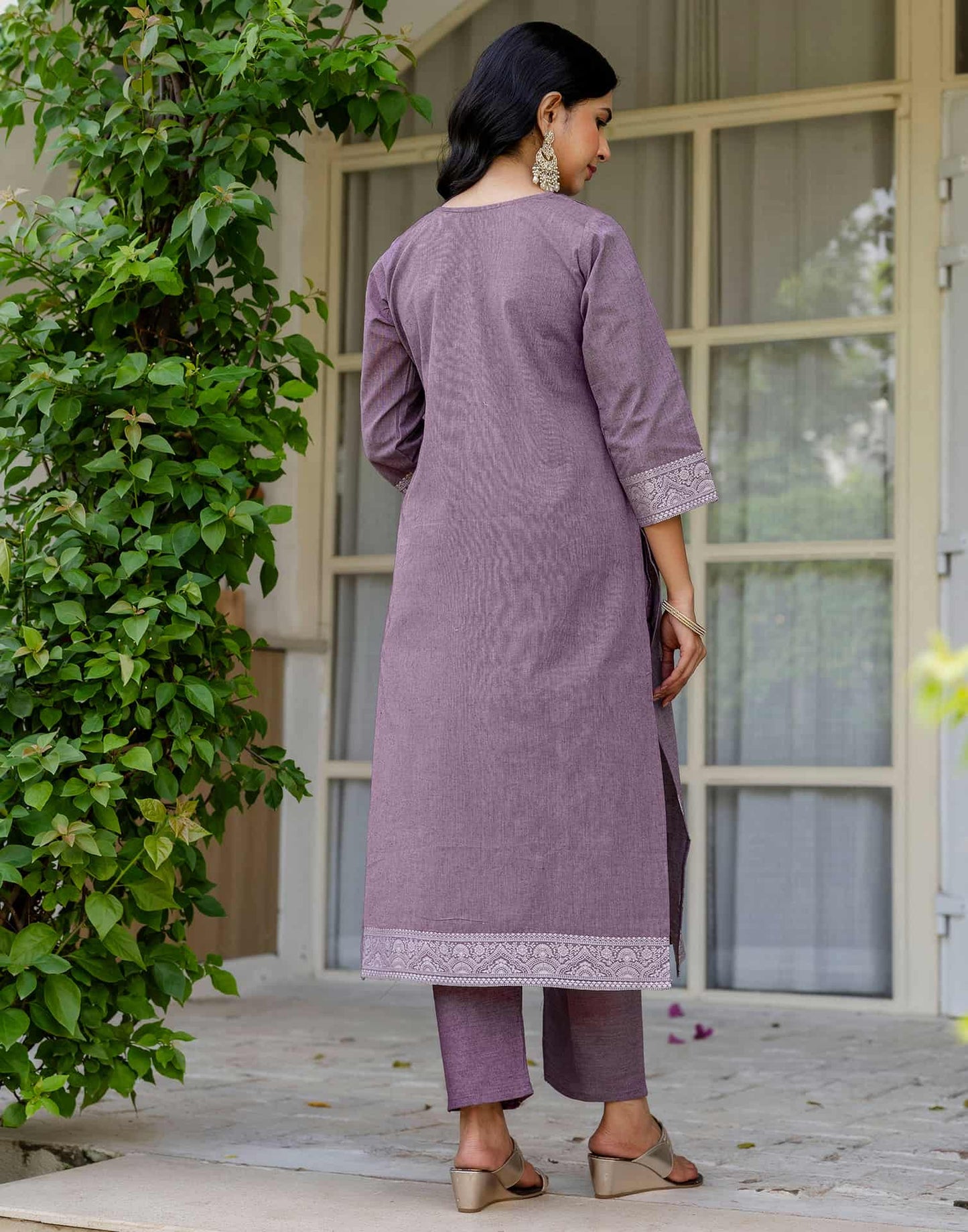 V Neck Cotton Kurta Set with Dupatta Under 1299 for Festive Wear