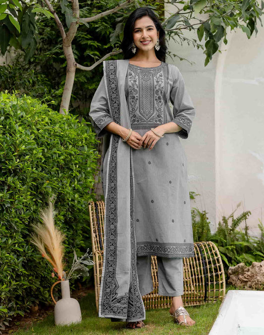 Grey Cotton Kurta Set with Dupatta Soft & Light Daytime Wear for Women