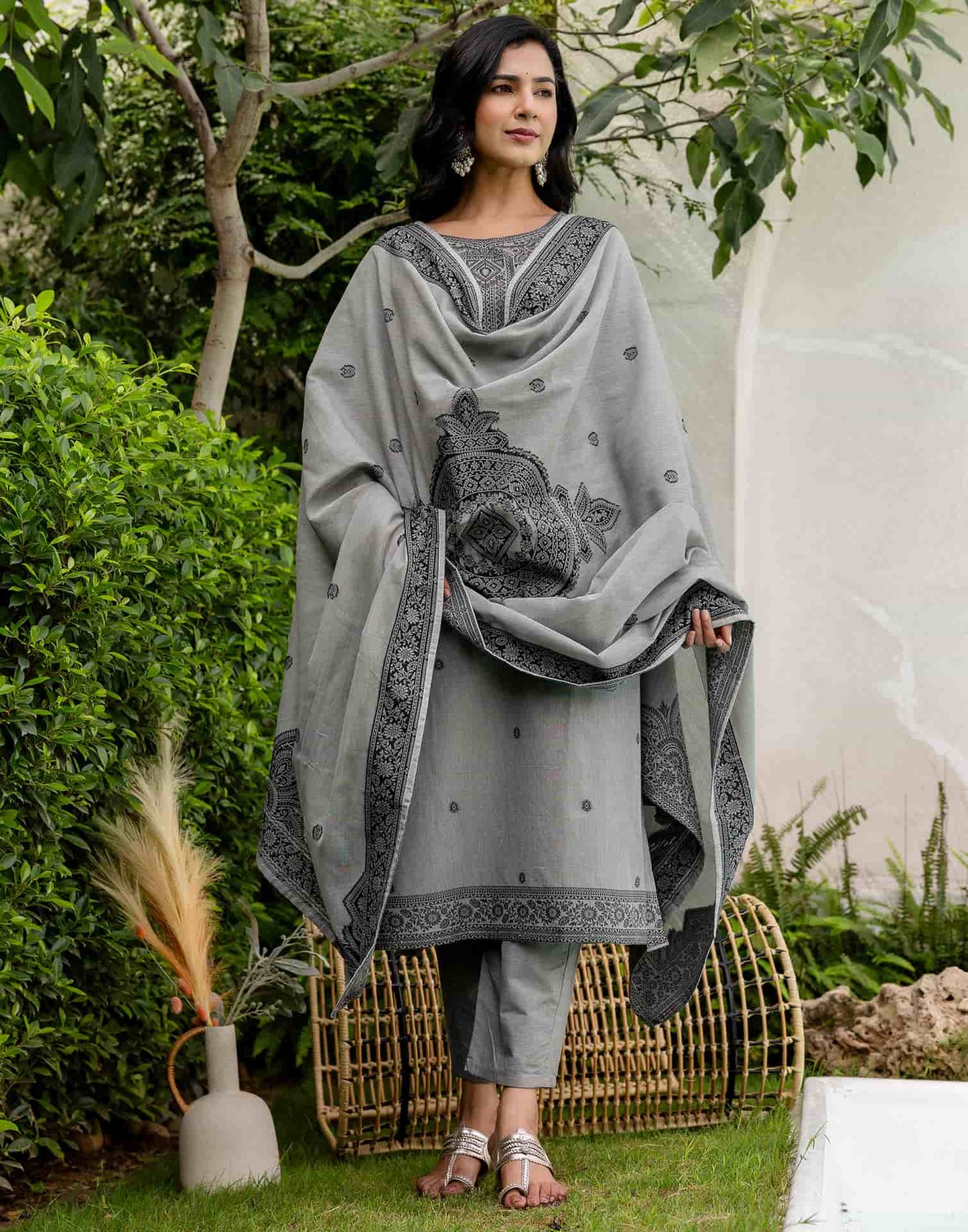 Grey Cotton Kurta Set with Dupatta Soft & Light Daytime Wear for Women