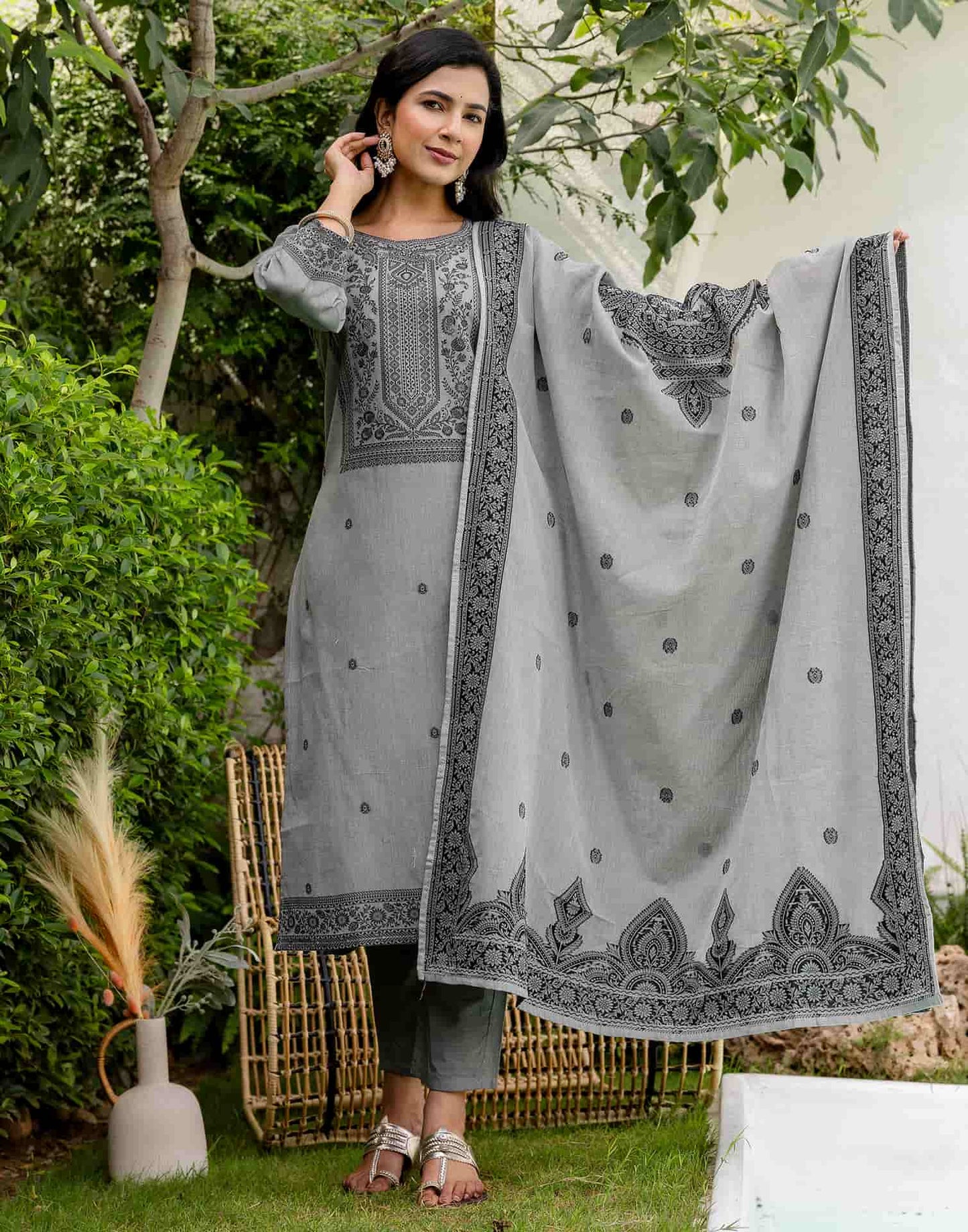 Grey Cotton Kurta Set with Dupatta Soft & Light Daytime Wear for Women