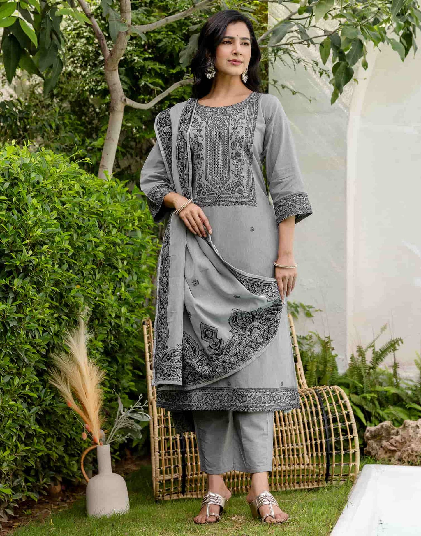 Grey Cotton Kurta Set with Dupatta Soft & Light Daytime Wear for Women